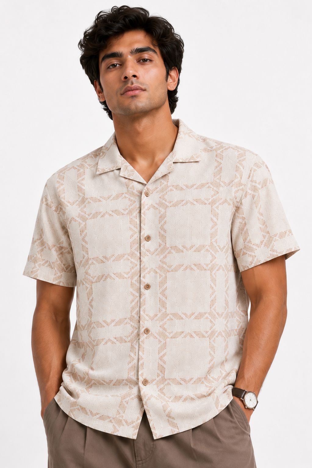Beige Geometric Print Short Sleeve Shirt
