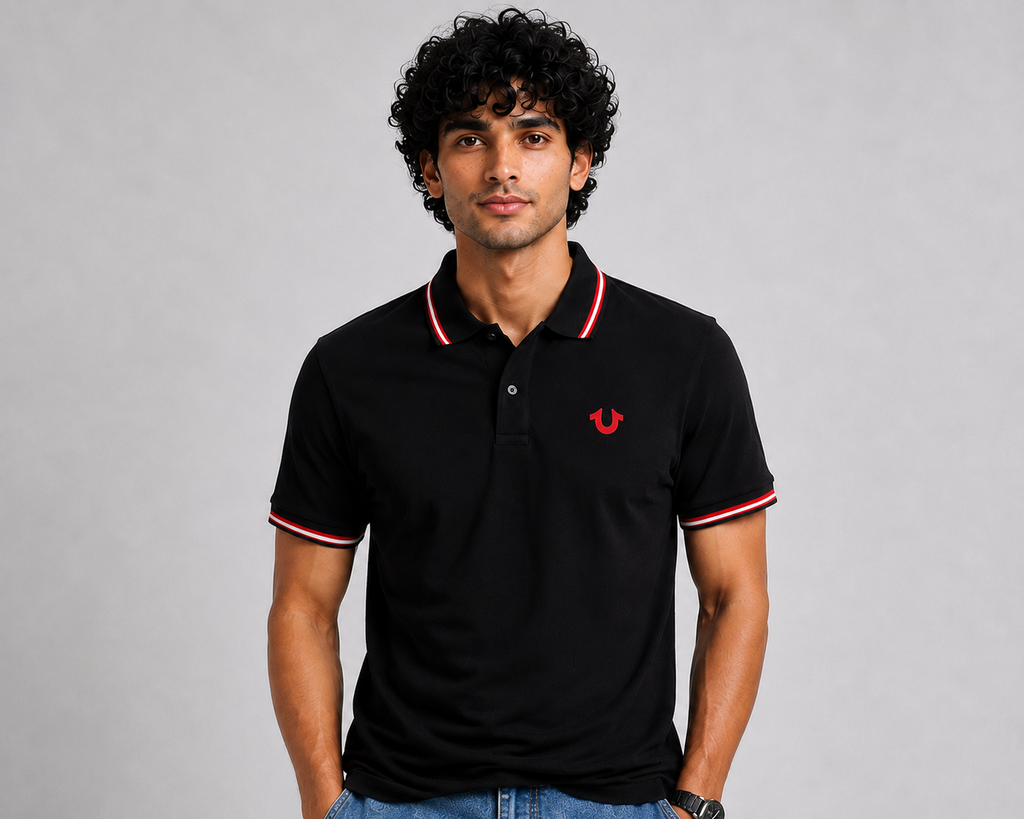 Elite Fold Printed Tipped Piqué Polo in Jet Black
