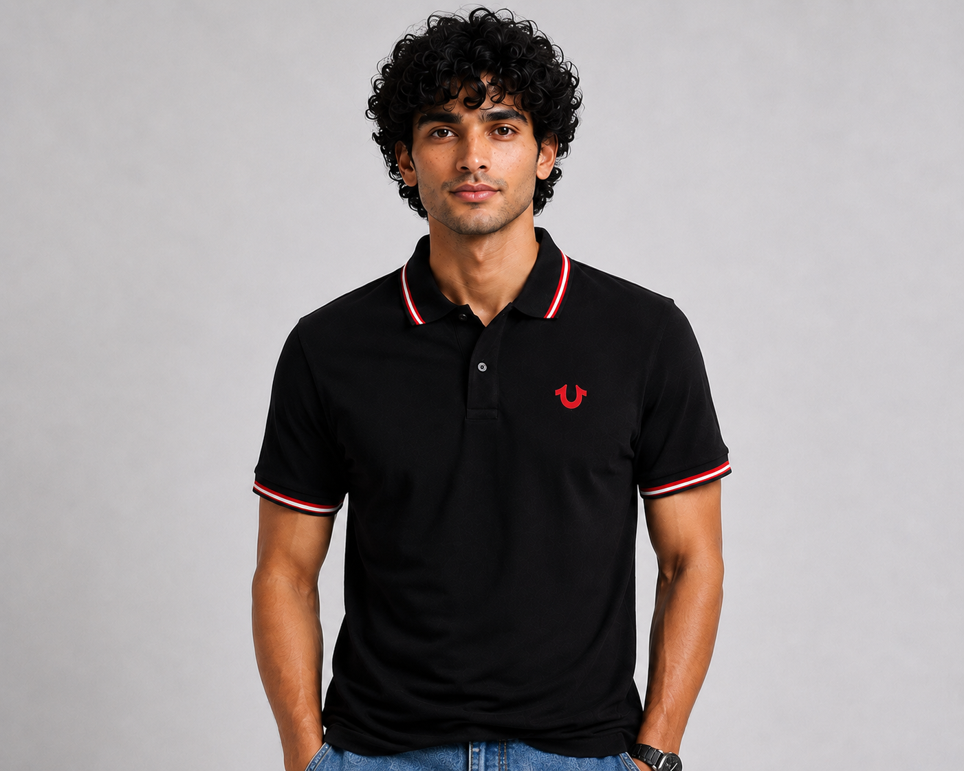 Elite Fold Printed Tipped Piqué Polo in Jet Black