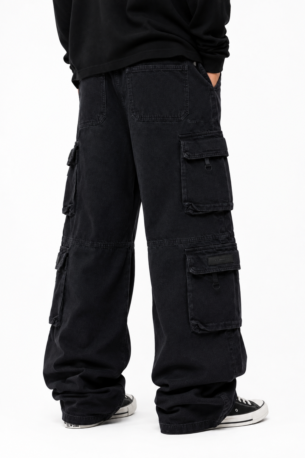 Men’s Super Baggy Multi-Pocket Cargo Denim Pants – Washed Black