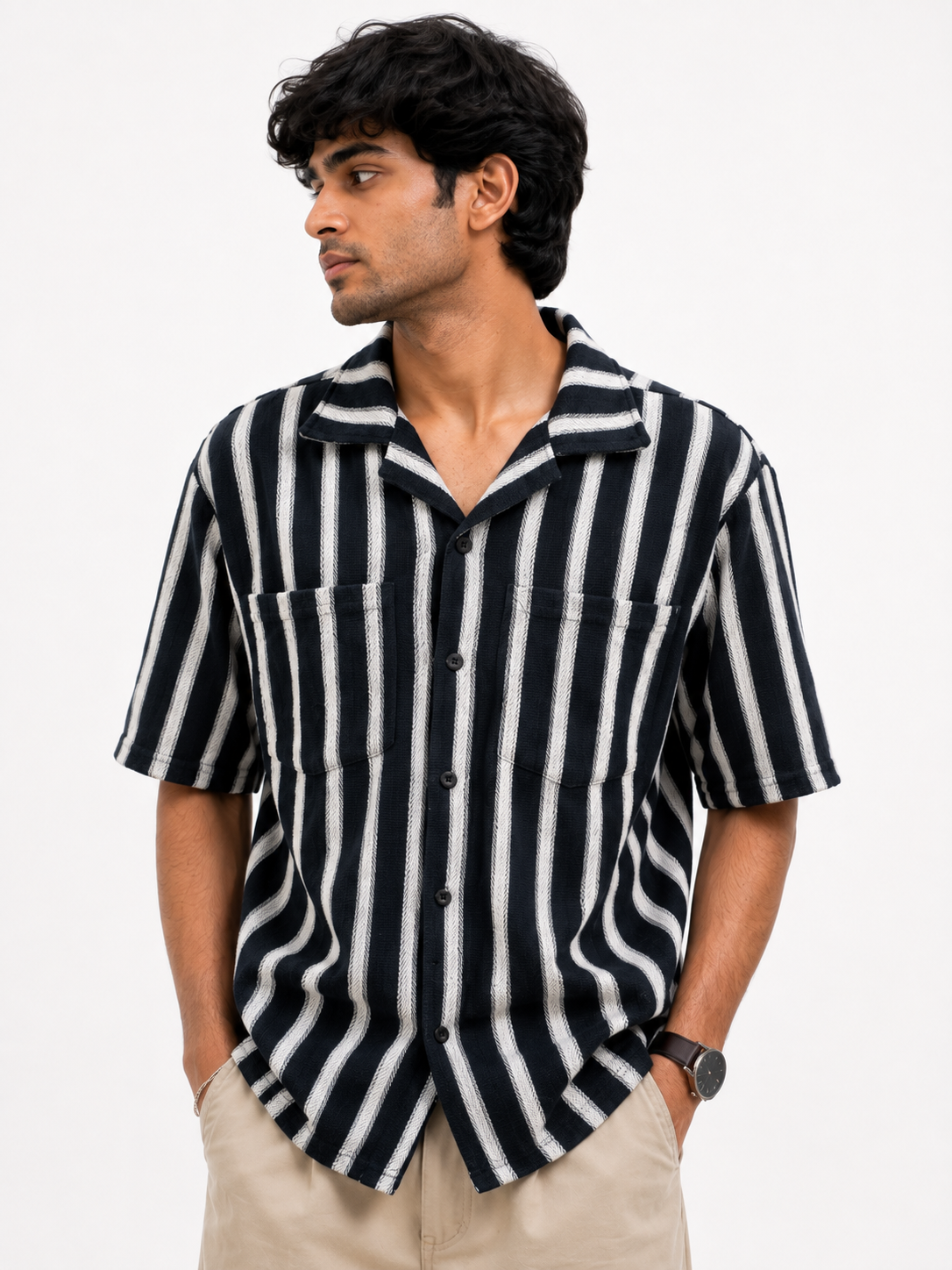 Men’s Retro Vertical Stripe Camp Collar Shirt