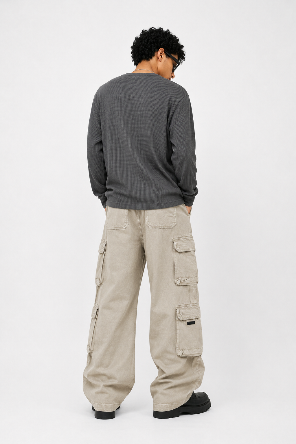 Beige Loose-Fit Utility Cargo Pants for Men | Streetwear Baggy Trousers