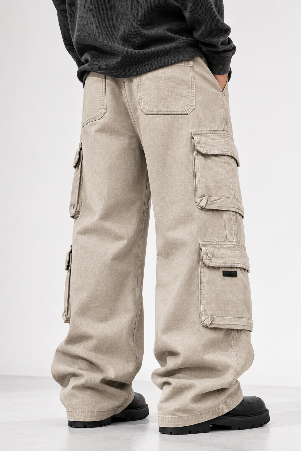 Beige Loose-Fit Utility Cargo Pants for Men | Streetwear Baggy Trousers
