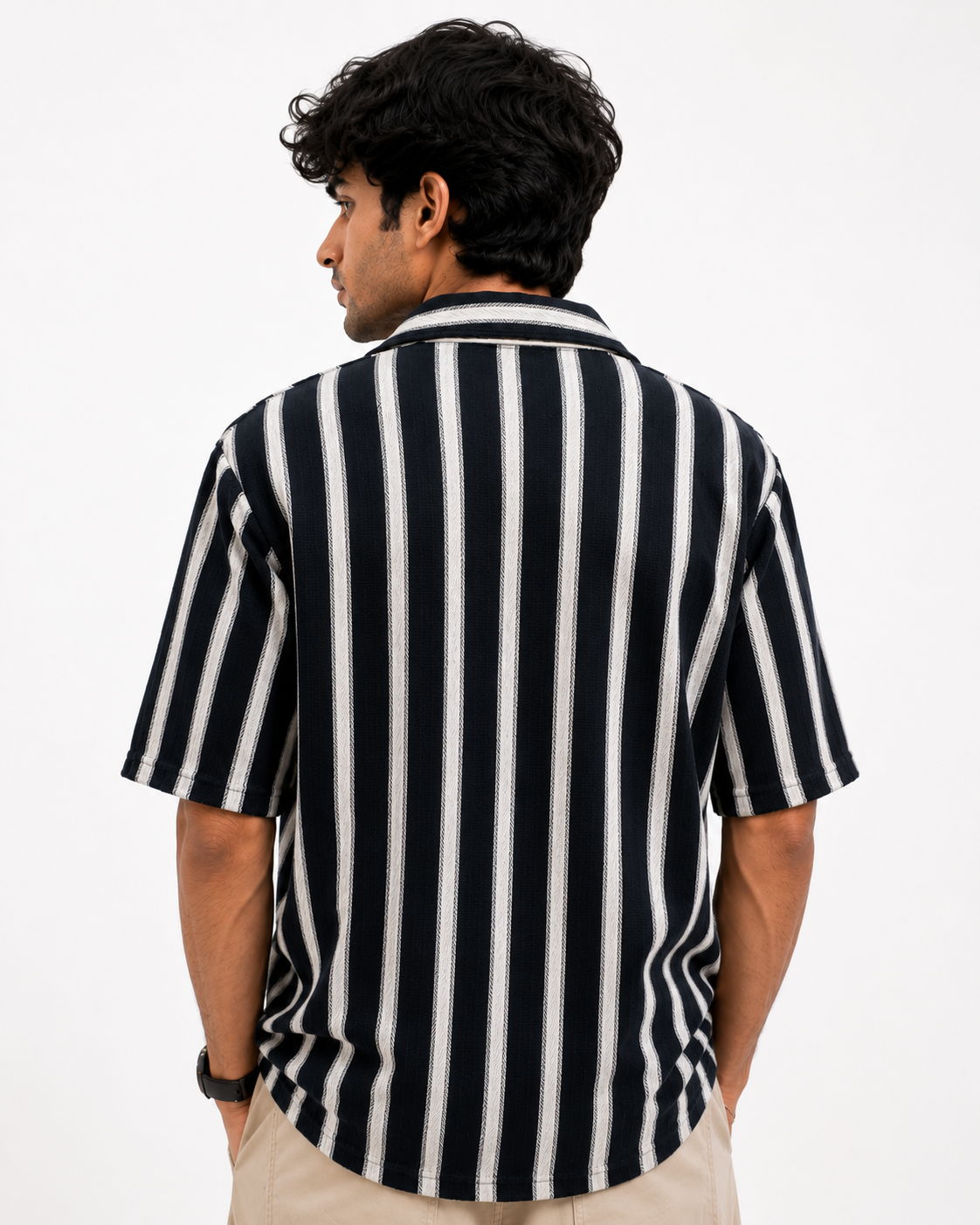 Men’s Retro Vertical Stripe Camp Collar Shirt