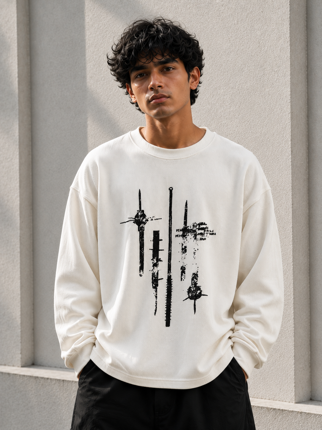 Abstract Graphic Baggy Waffle Tee – Off White