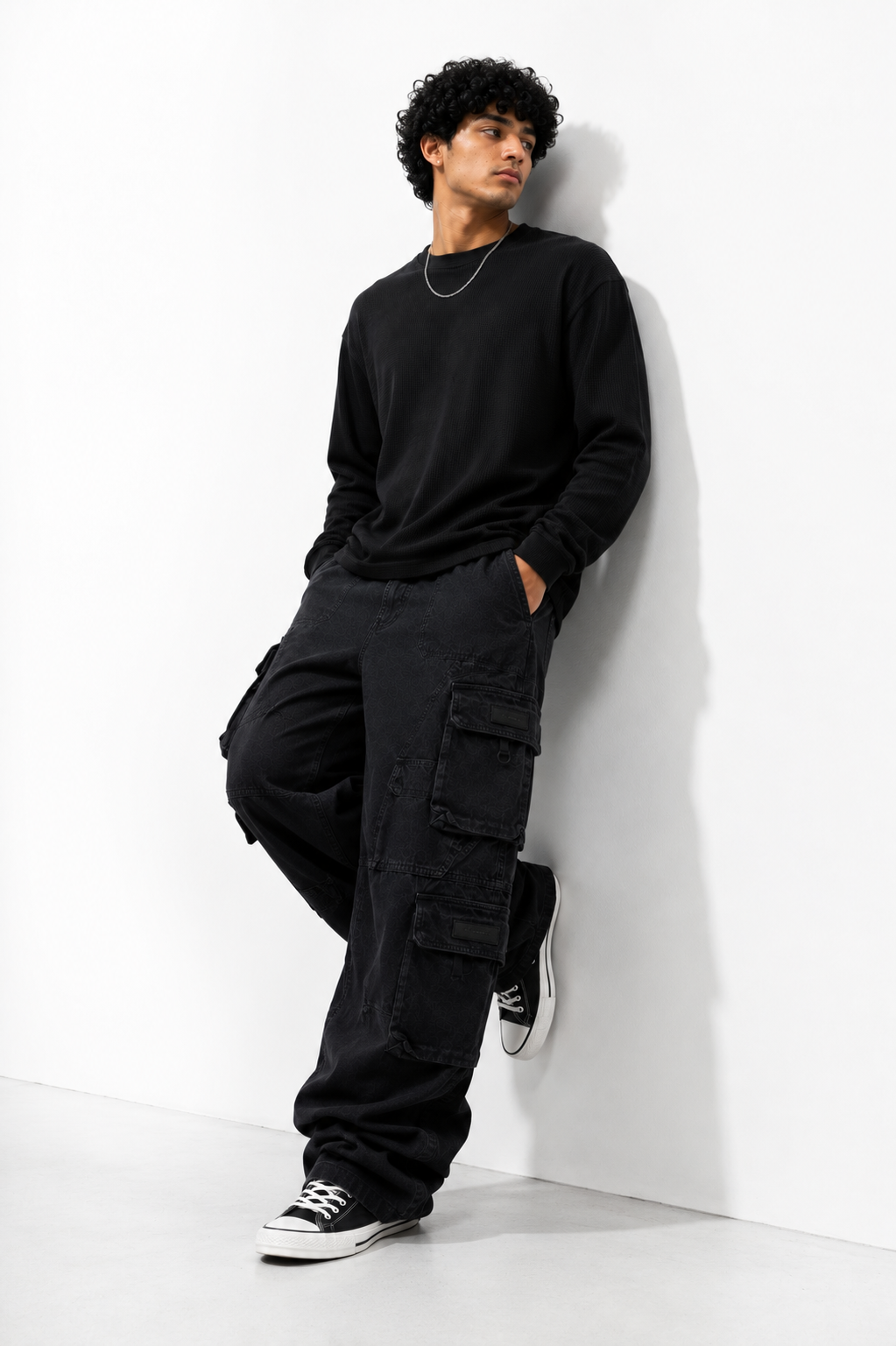 Men’s Super Baggy Multi-Pocket Cargo Denim Pants – Washed Black