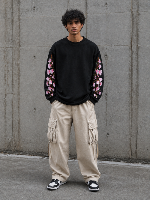 Baggy Embroidered Waffle Knit Tee – Midnight Bloom