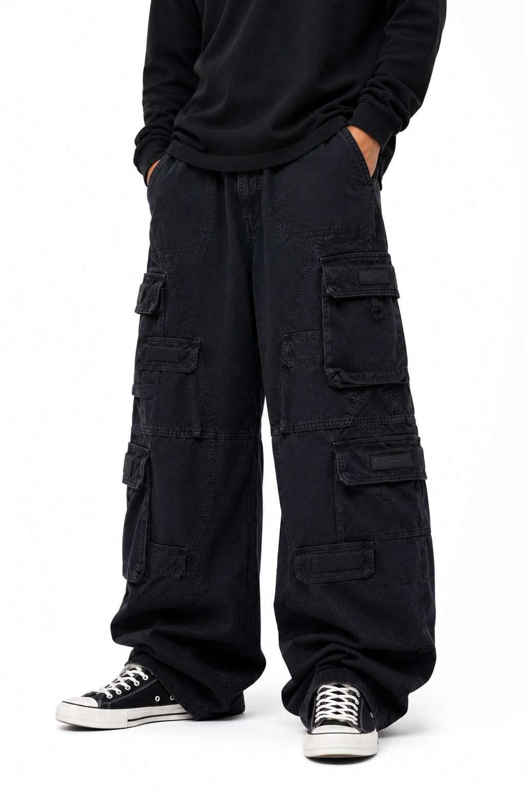 Men’s Super Baggy Multi-Pocket Cargo Denim Pants – Washed Black