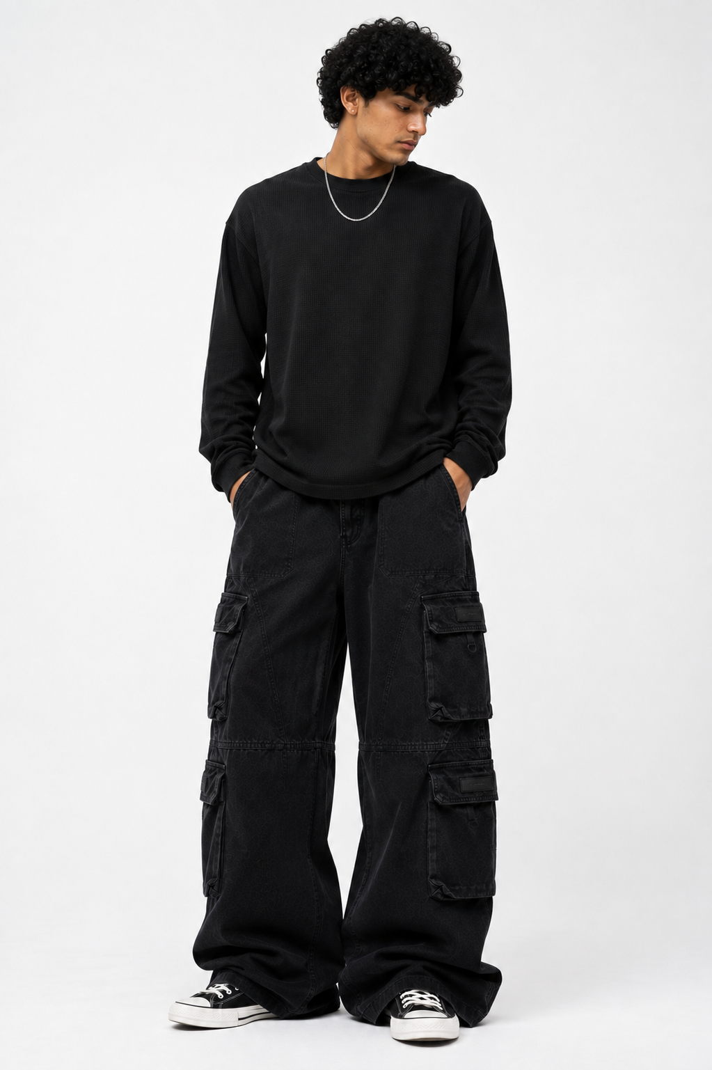 Men’s Super Baggy Multi-Pocket Cargo Denim Pants – Washed Black