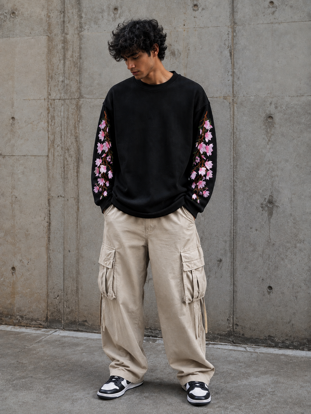 Baggy Embroidered Waffle Knit Tee – Midnight Bloom