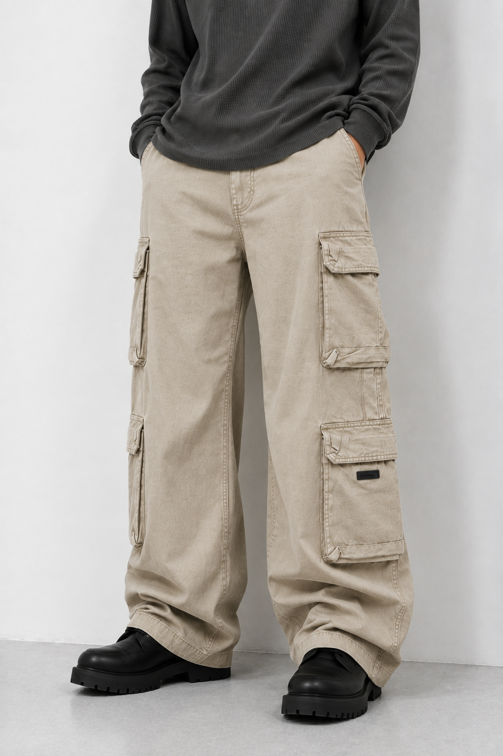 Beige Loose-Fit Utility Cargo Pants for Men | Streetwear Baggy Trousers