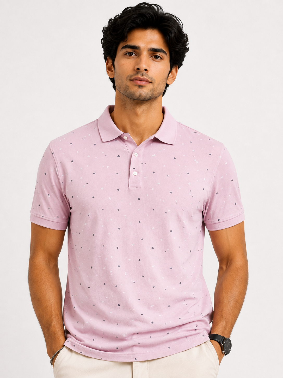 Men’s Slim-Fit Printed Polo in Dusty Rose