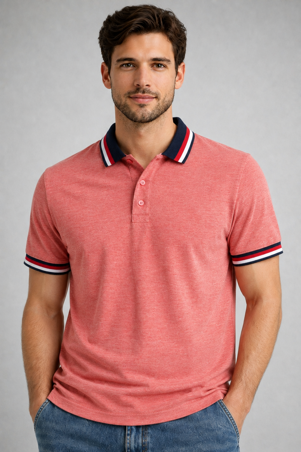 Men’s Heathered Coral Polo with Contrast Tipping