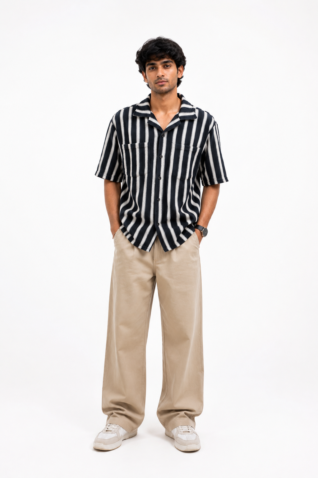 Men’s Retro Vertical Stripe Camp Collar Shirt
