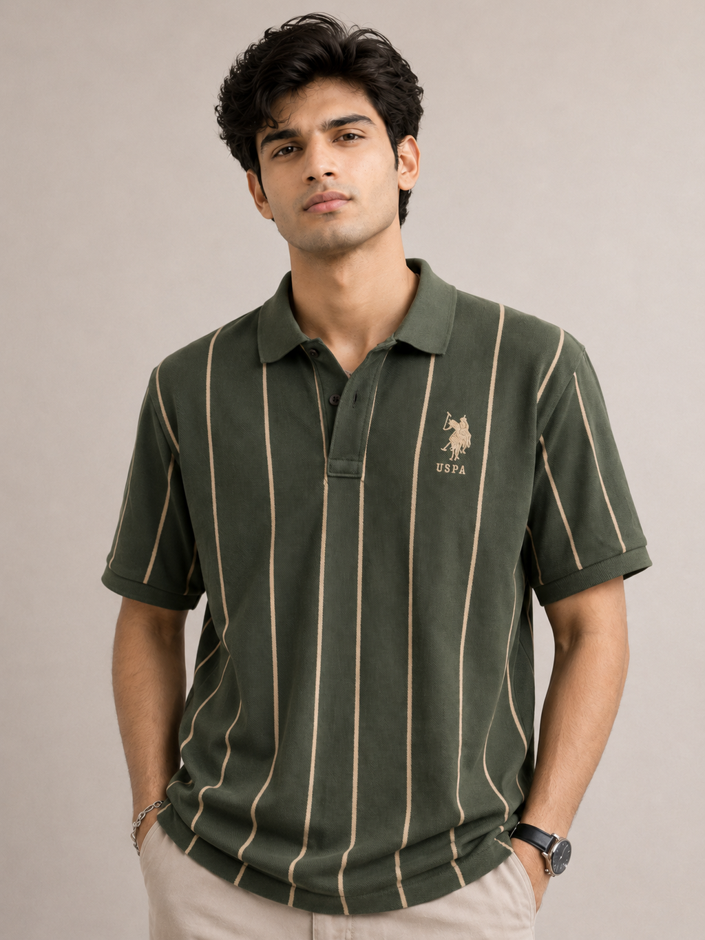 Polo Assn. Men’s Olive Green Vertical Stripe Polo