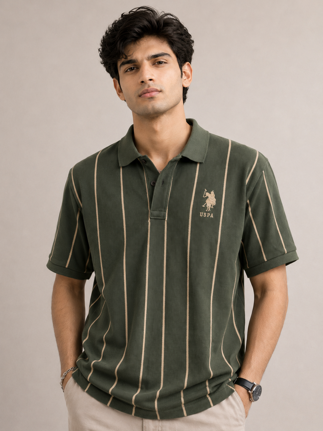 Polo Assn. Men’s Olive Green Vertical Stripe Polo