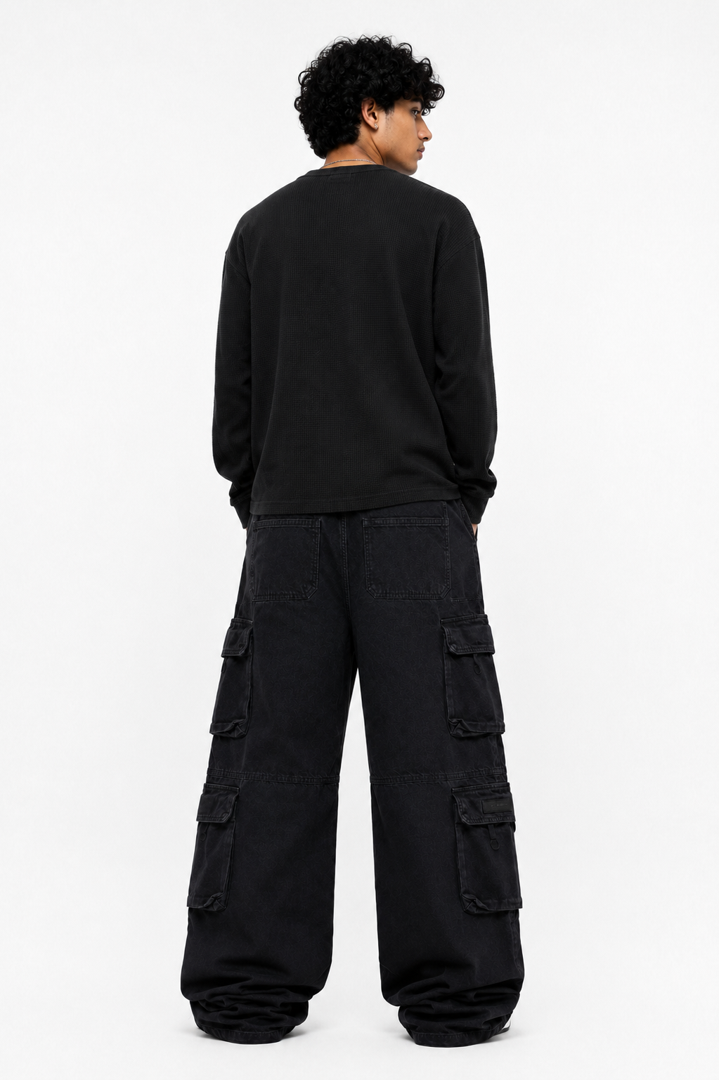 Men’s Super Baggy Multi-Pocket Cargo Denim Pants – Washed Black