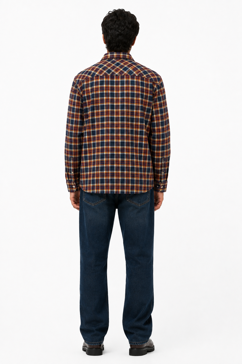 Men's Navy & Ochre Checked Western Yoke Shirt | Double Pocket Flannel Style