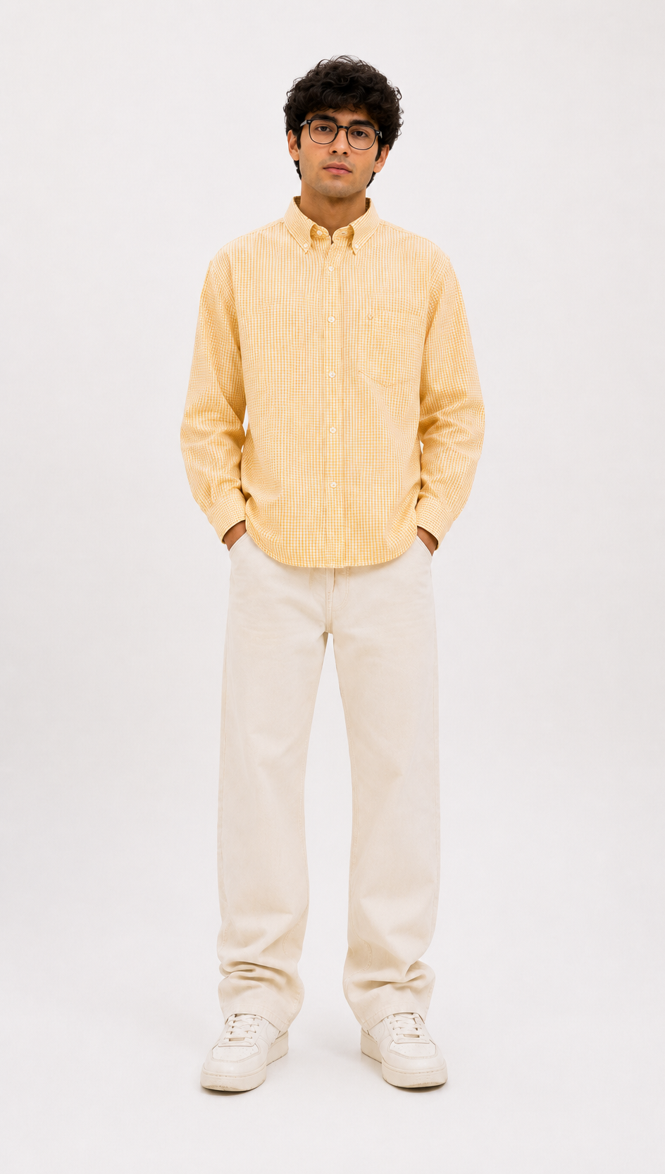 Men's Yellow Gingham Micro Checked Shirt – Cotton Button-Down Casual Shirt