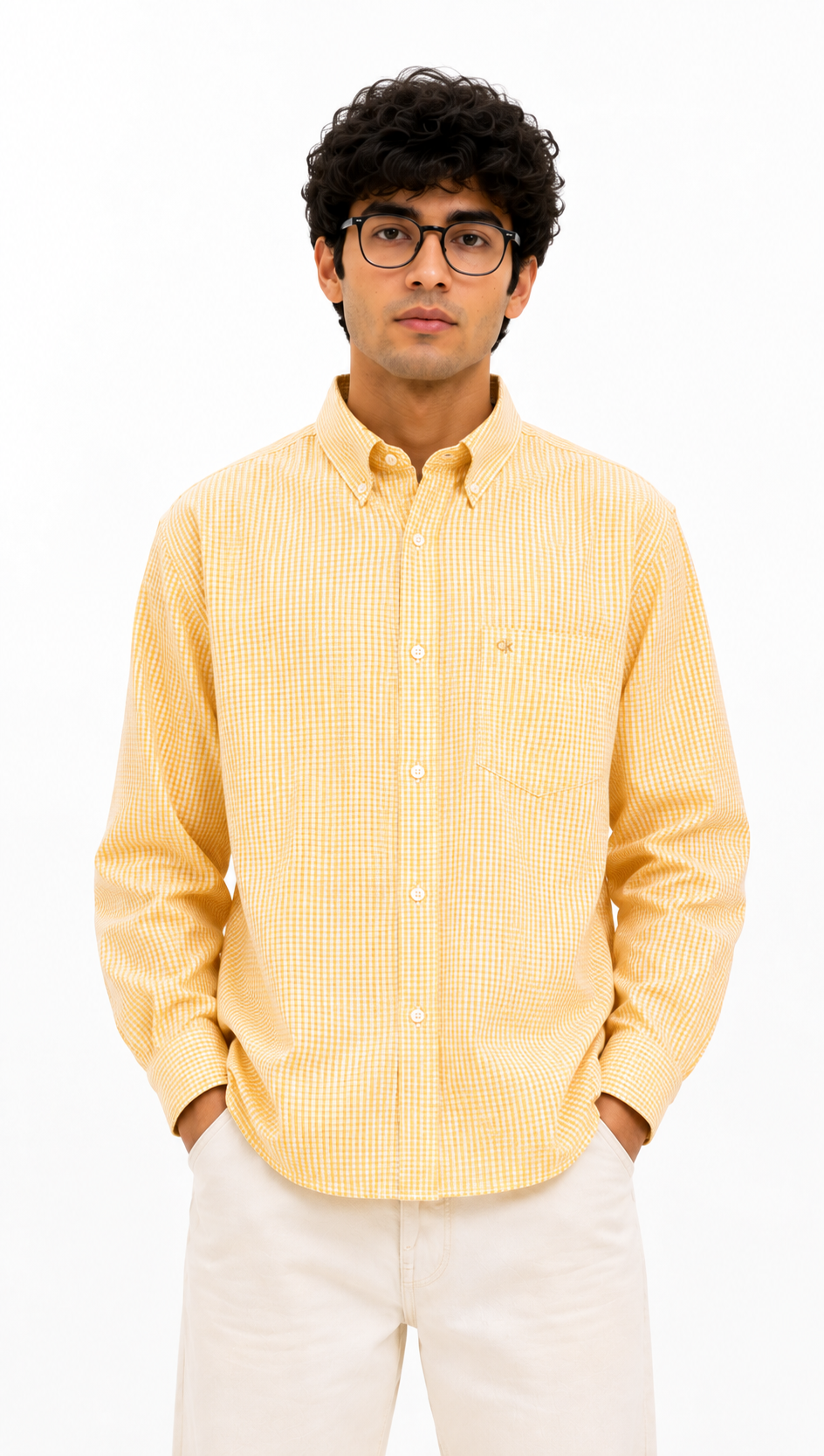 Men's Yellow Gingham Micro Checked Shirt – Cotton Button-Down Casual Shirt
