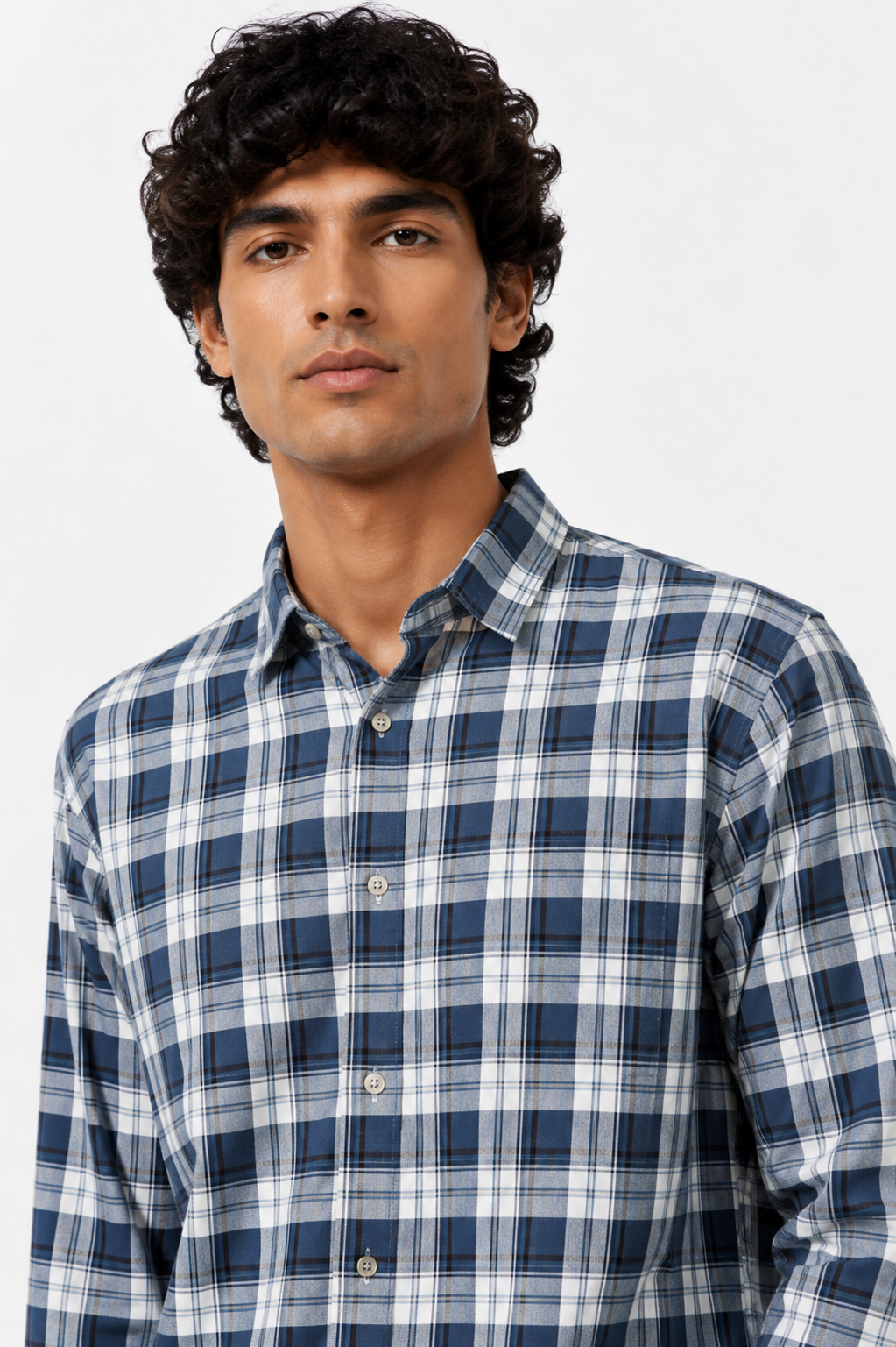 Classic Fit Navy Plaid Shirt with Spread Collar