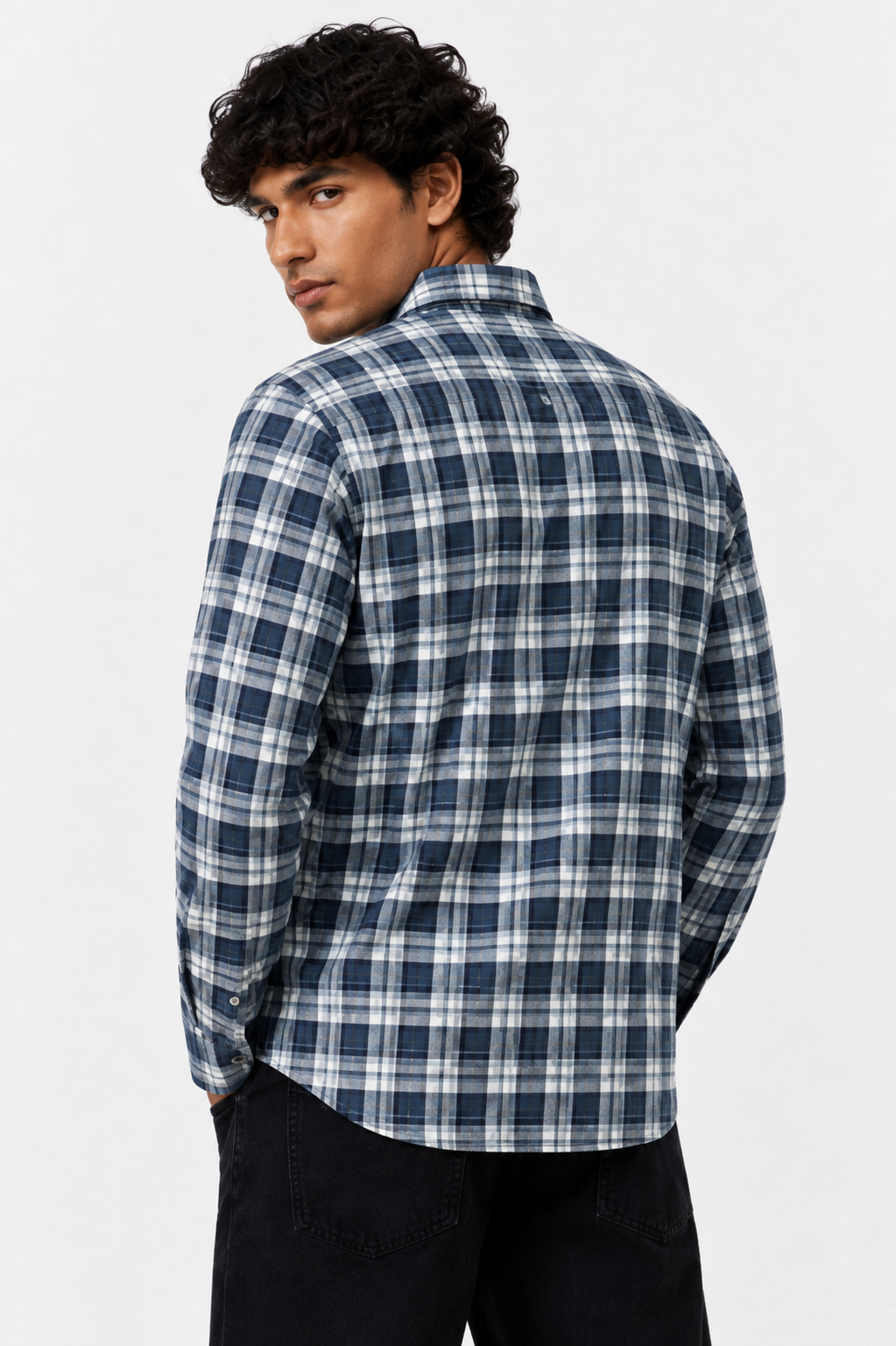 Classic Fit Navy Plaid Shirt with Spread Collar