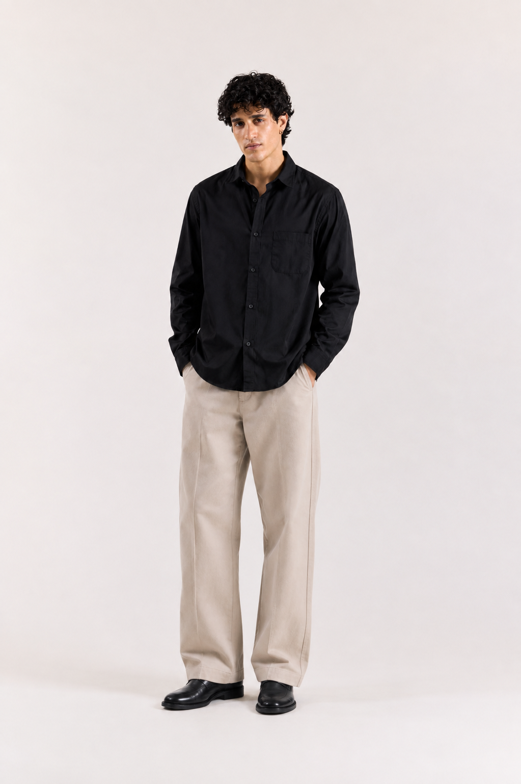 Minimalist Pitch Black Button-Down Shirt with Chest Pocket