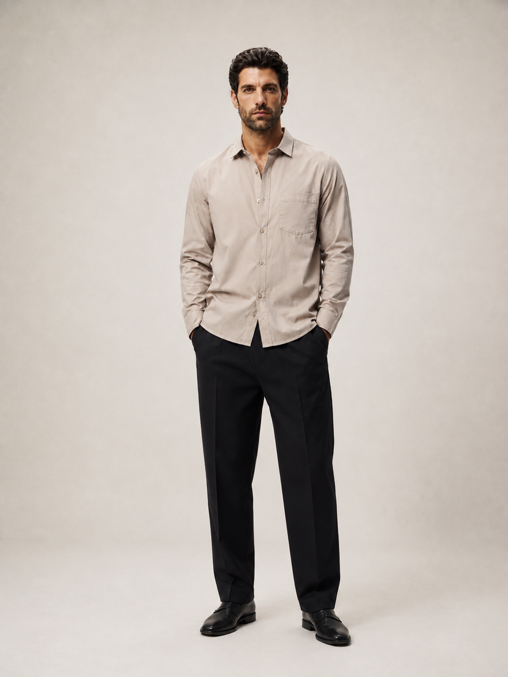 Men's Classic Cotton Long-Sleeve Shirt in Sand