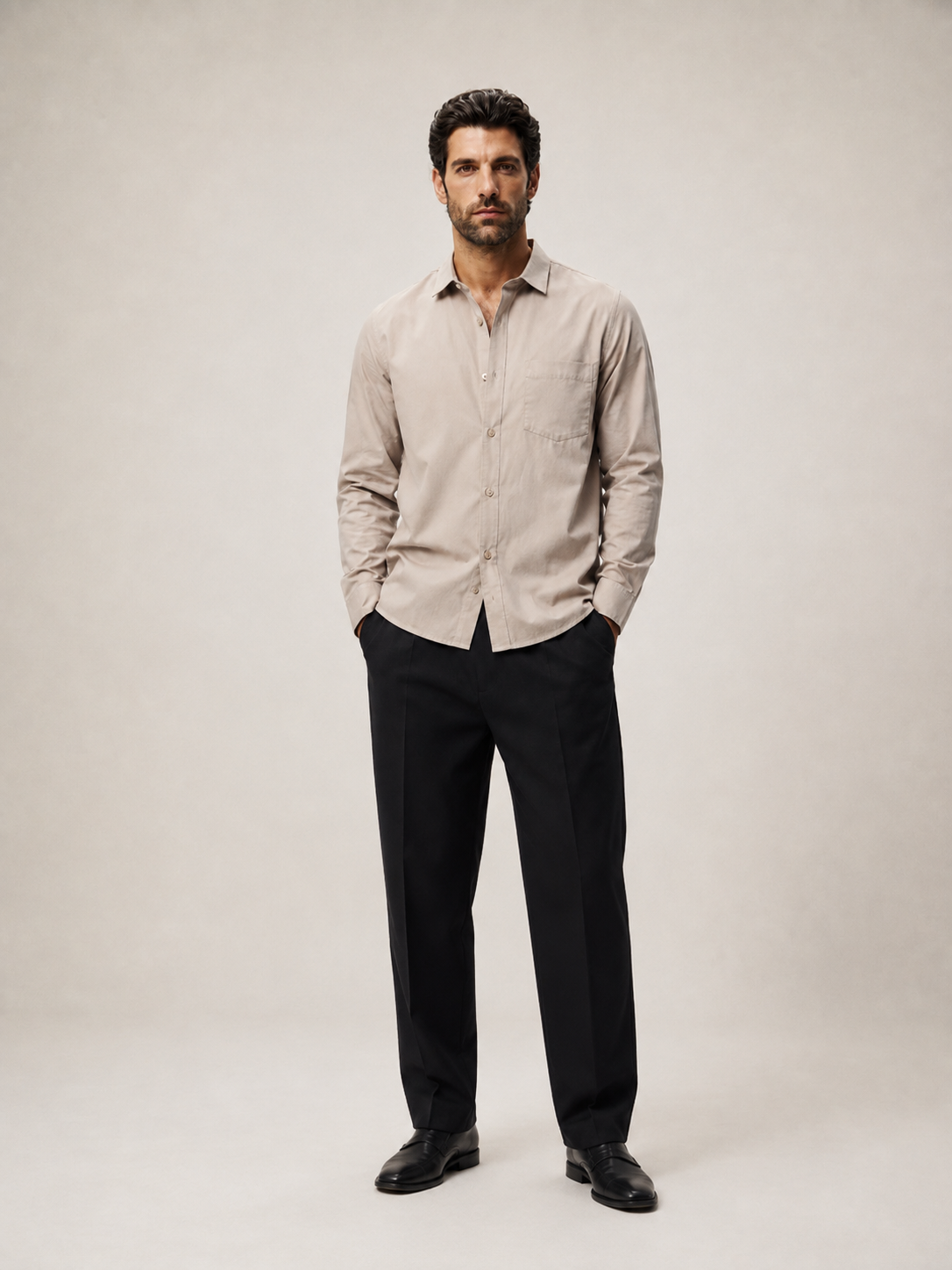 Men's Classic Cotton Long-Sleeve Shirt in Sand