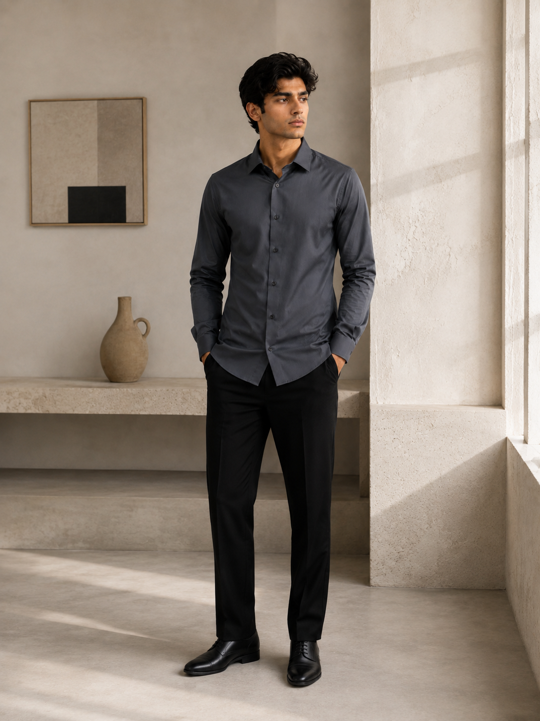 Charcoal Grey Men's Slim-Fit Satin Lycra Stretchable Shirt