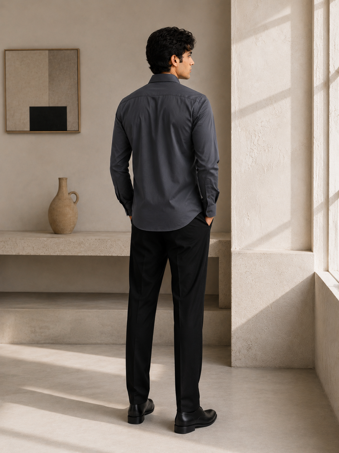 Charcoal Grey Men's Slim-Fit Satin Lycra Stretchable Shirt