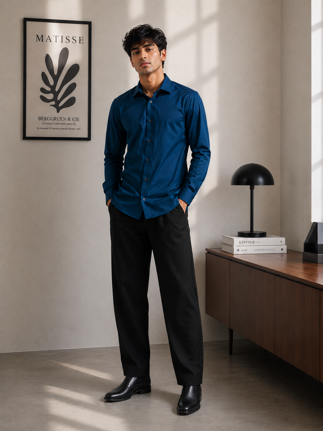 Deep Blue Tailored Fit Satin Lycra Stretchable Shirt