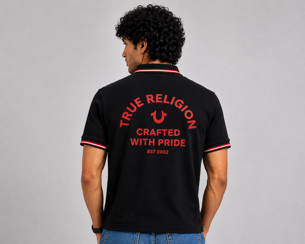 Elite Fold Printed Tipped Piqué Polo in Jet Black