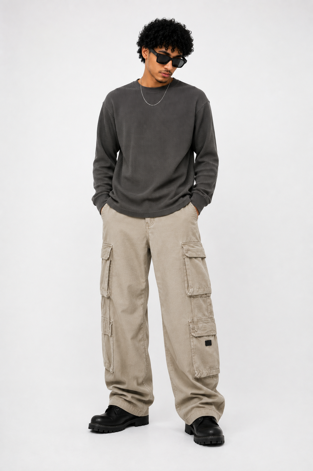 Beige Loose-Fit Utility Cargo Pants for Men | Streetwear Baggy Trousers