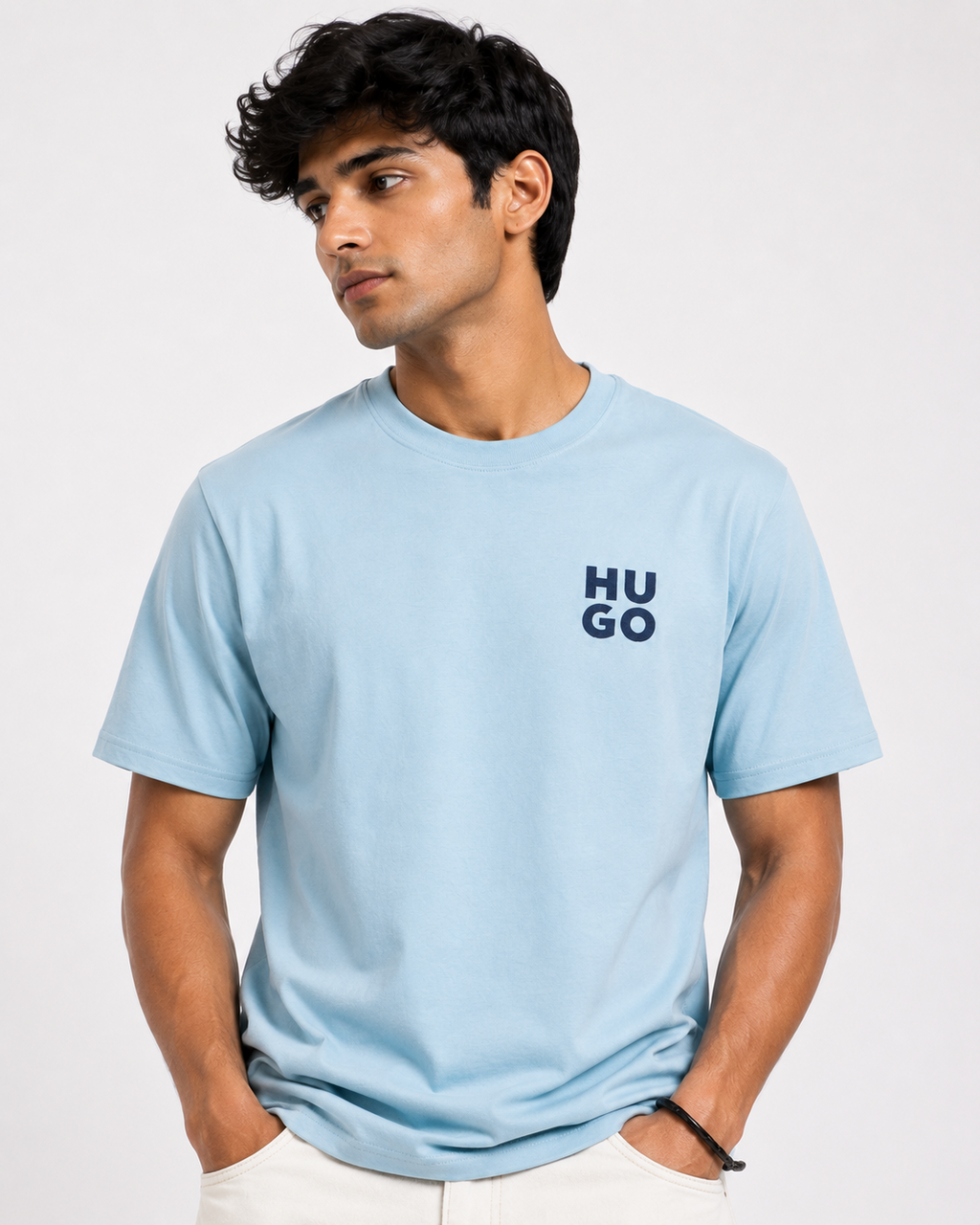 Unisex Embroidery Engraved Stretchable Sky Blue Premium Cotton Tee