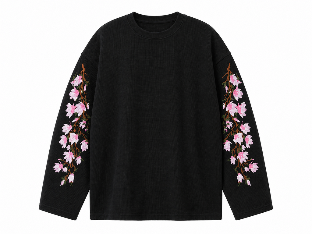 Baggy Embroidered Waffle Knit Tee – Midnight Bloom