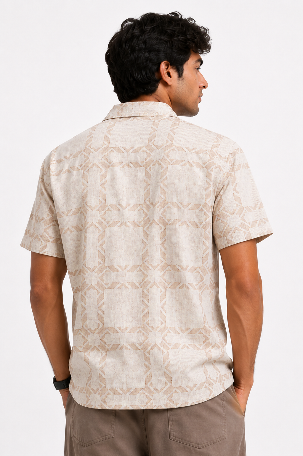 Beige Geometric Print Short Sleeve Shirt
