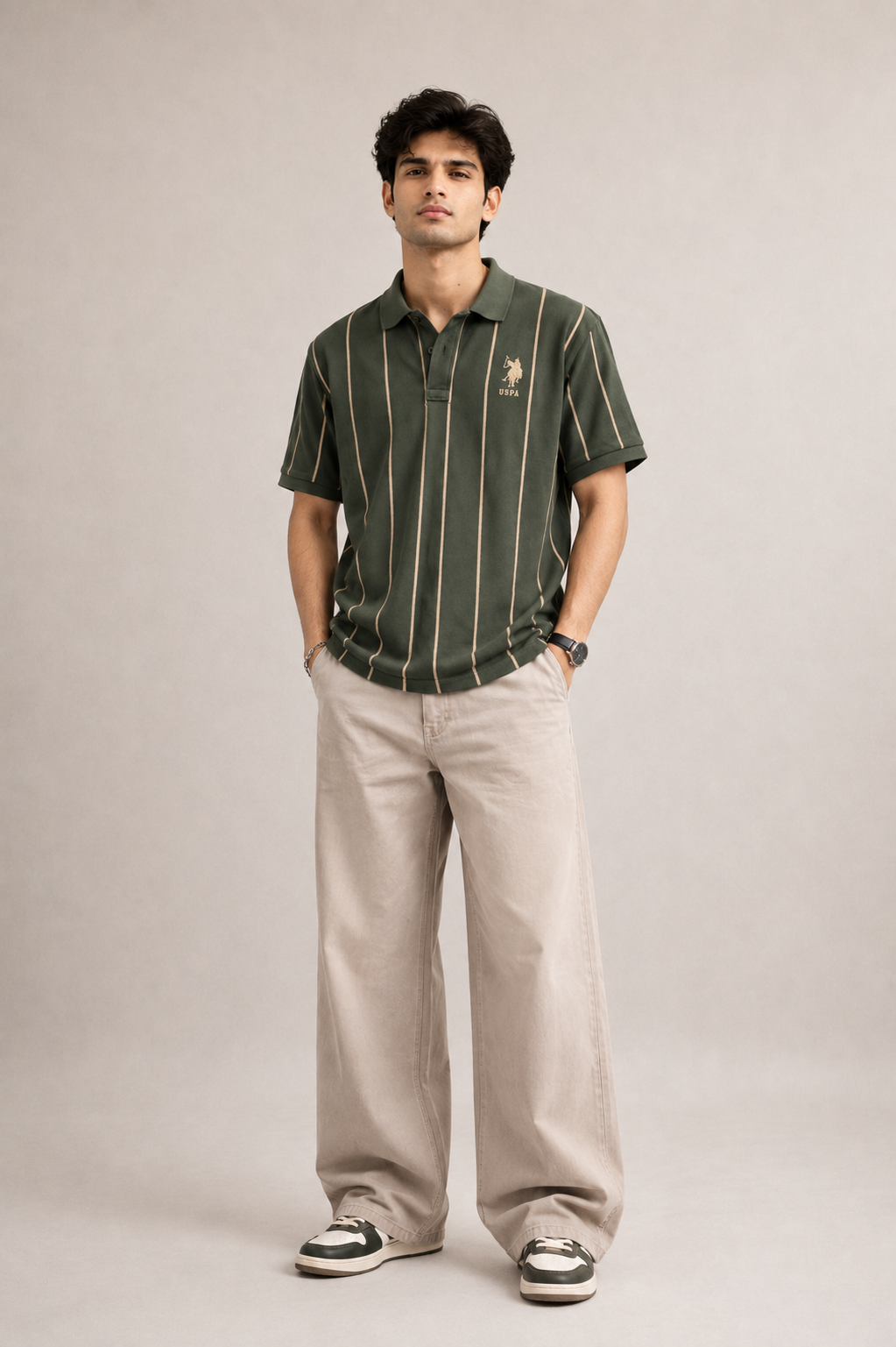 Polo Assn. Men’s Olive Green Vertical Stripe Polo