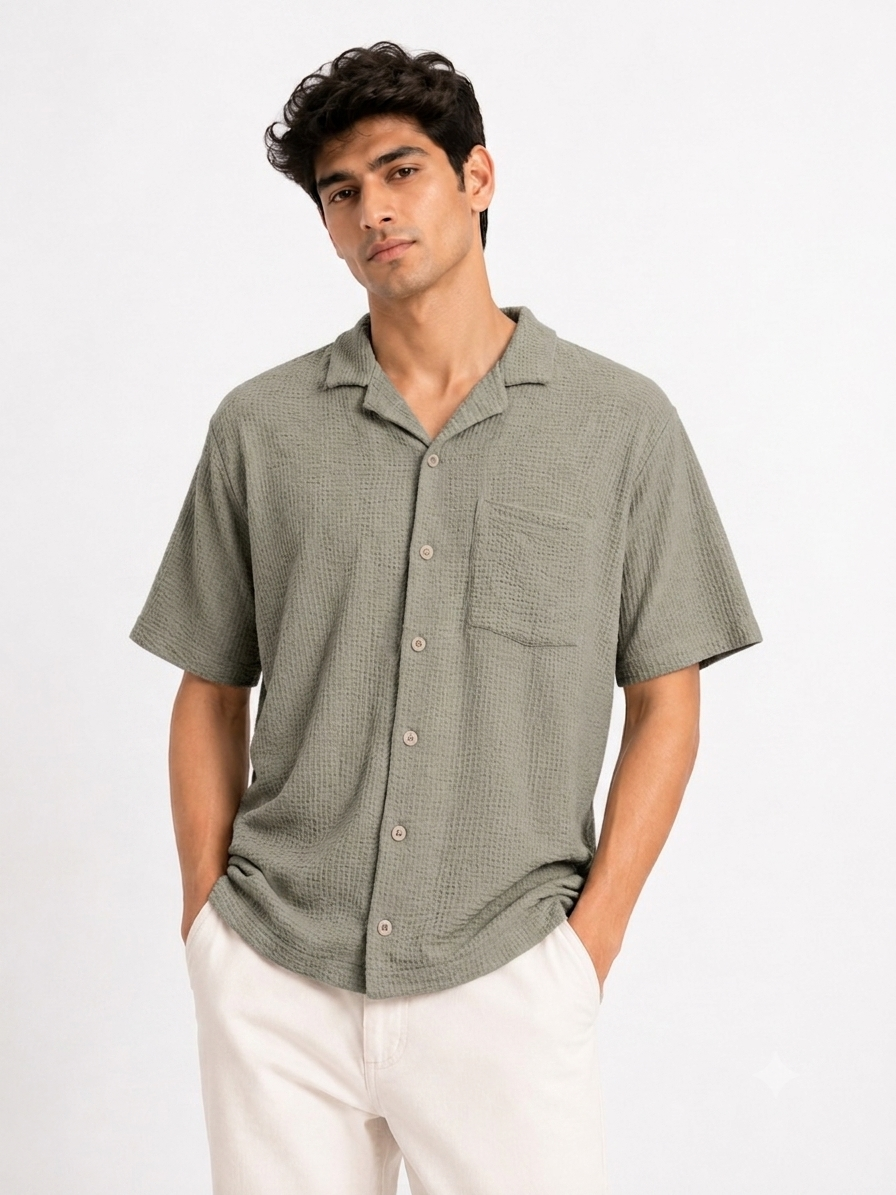 Olive Sage Textured Cuban Collar Boxy Fit Shirt