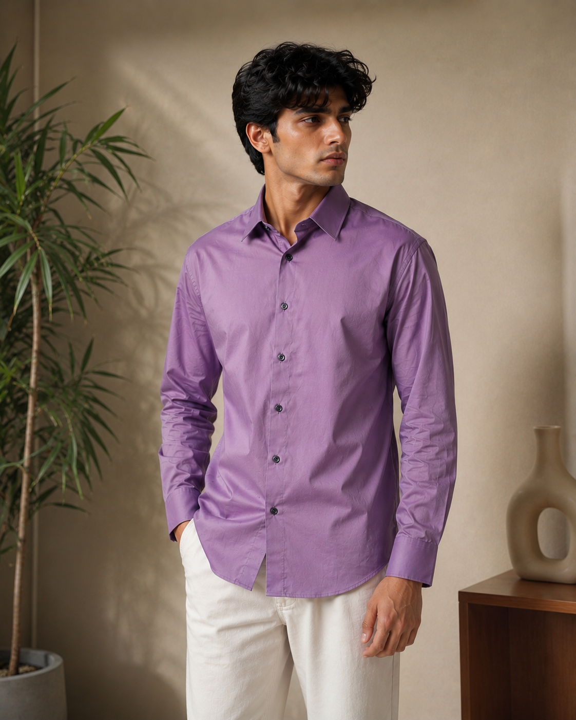 Men’s Lavender Purple Stretchable Lycra Full Sleeve Casual Shirt