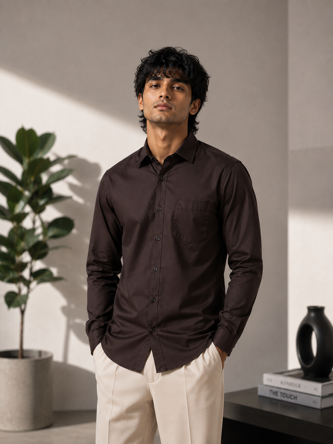 Deep Coffee Brown 100% Cotton Casual Shirt for Men