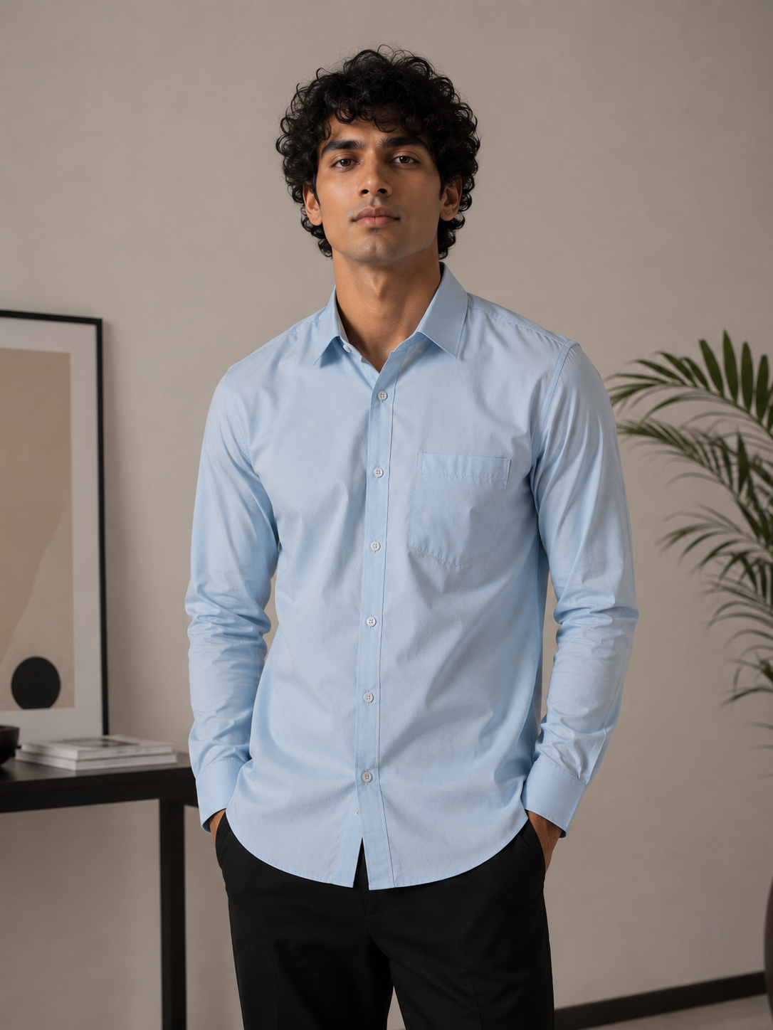 Men's Classic Ice Blue Pure Cotton Long-Sleeve Shirt