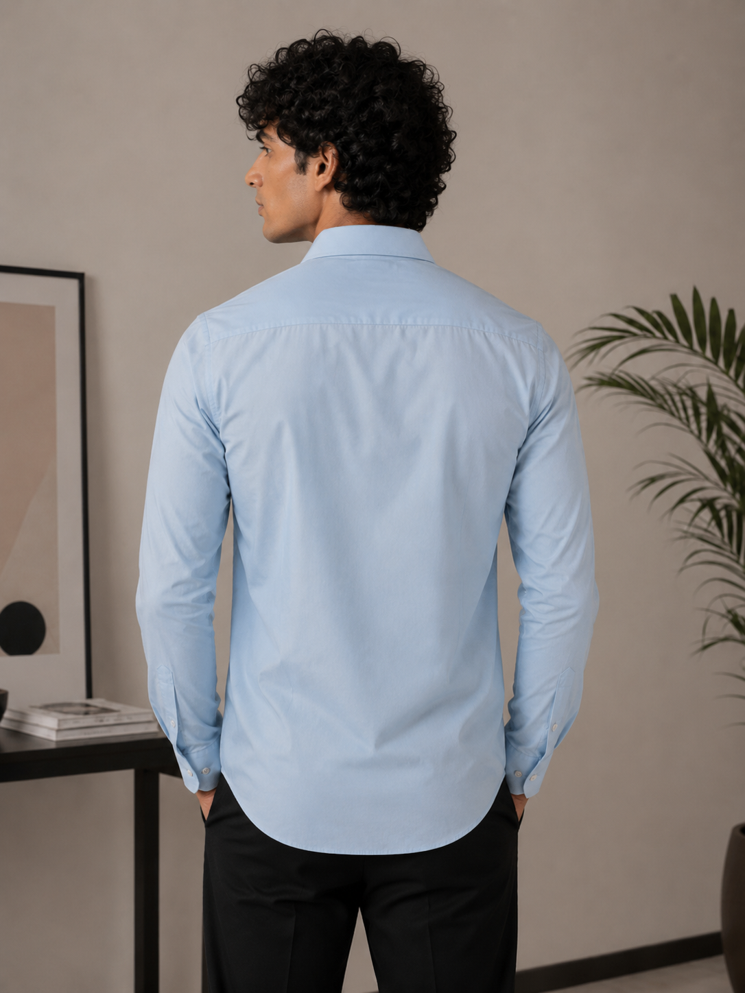 Men's Classic Ice Blue Pure Cotton Long-Sleeve Shirt