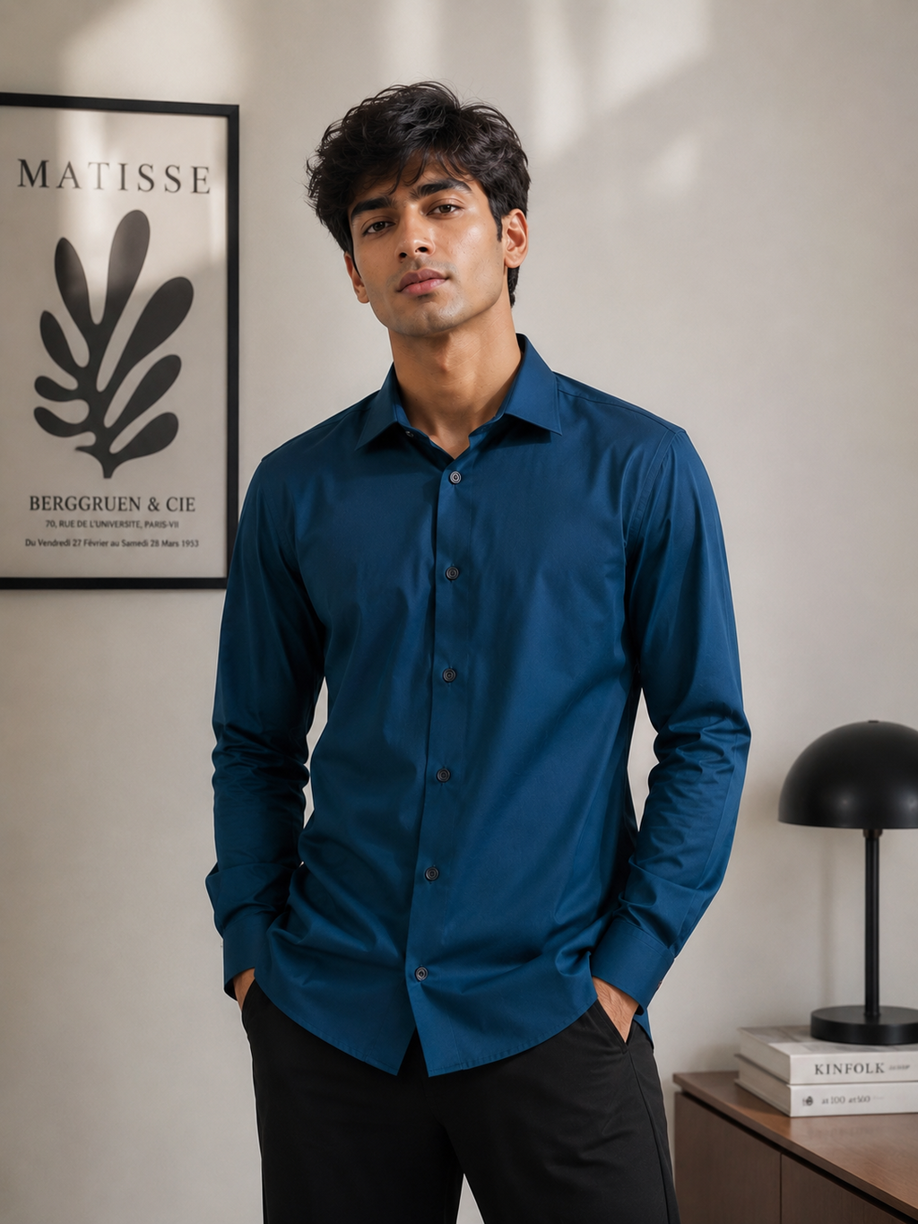 Deep Blue Tailored Fit Satin Lycra Stretchable Shirt