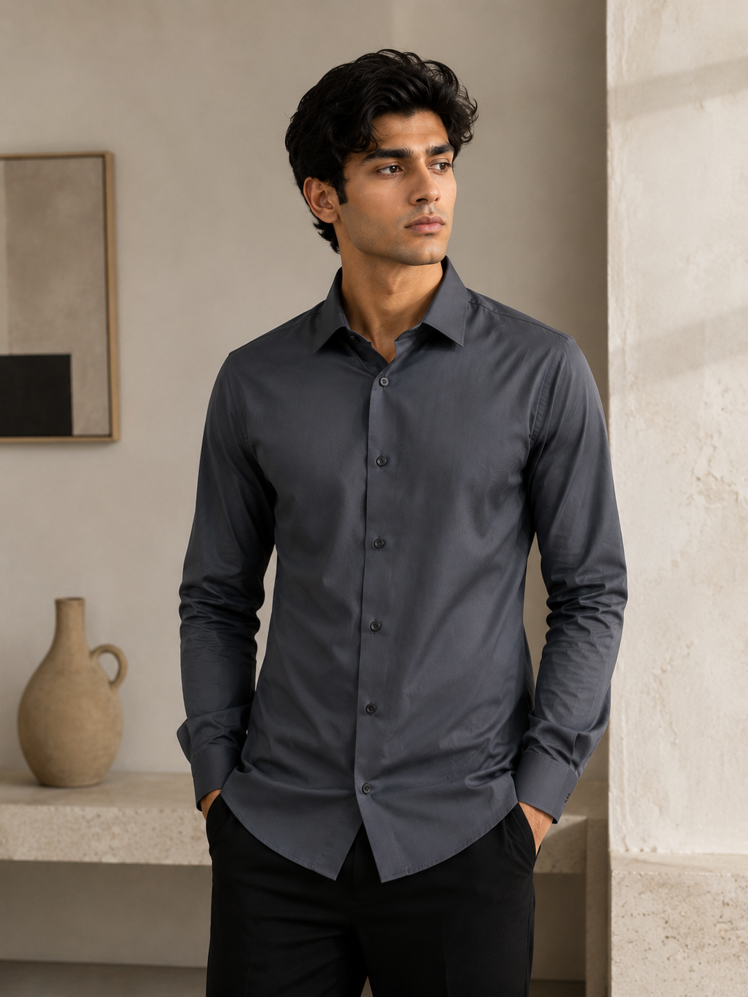 Charcoal Grey Men's Slim-Fit Satin Lycra Stretchable Shirt