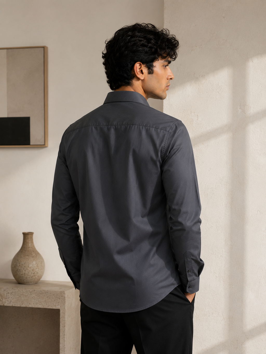 Charcoal Grey Men's Slim-Fit Satin Lycra Stretchable Shirt