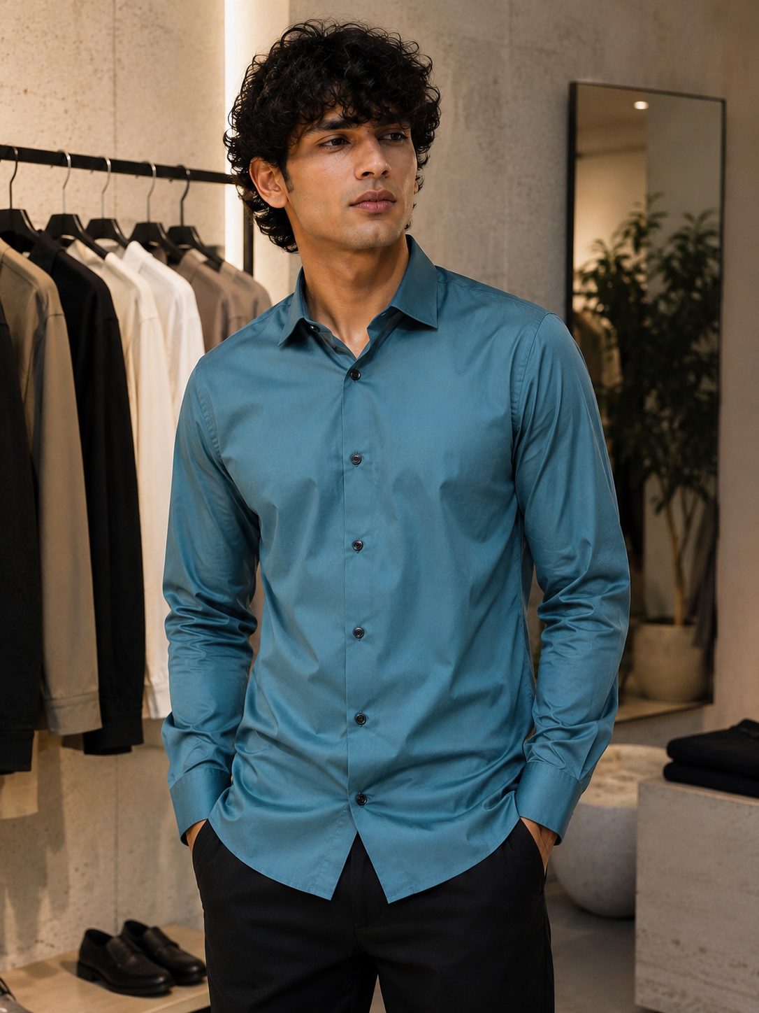 Men's Slim-Fit Satin Lycra Stretchable Shirt in Teal