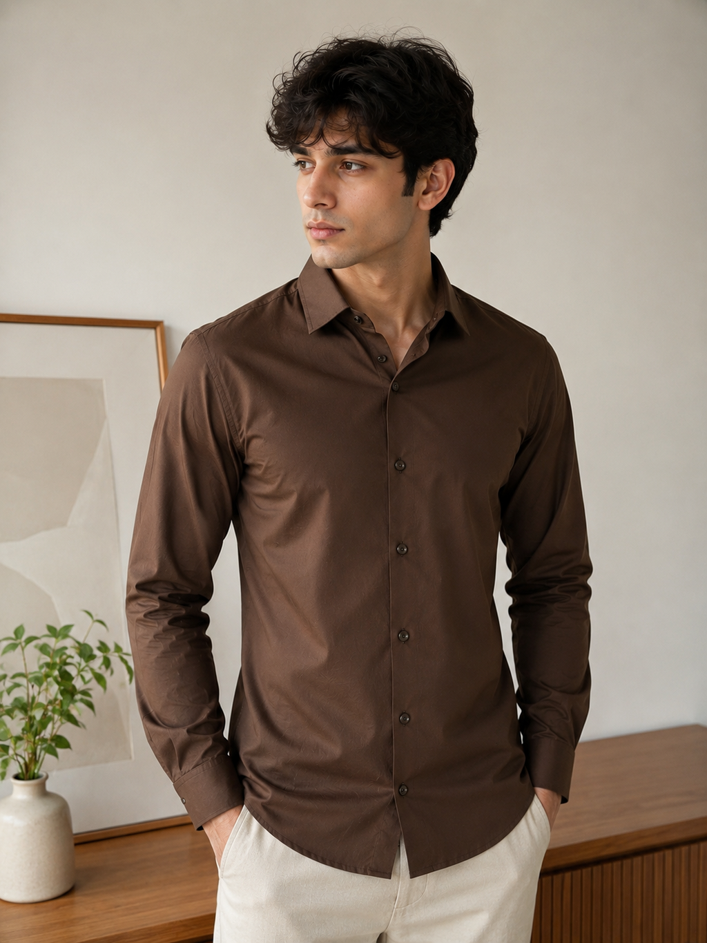 Rich Espresso Brown Cotton Shirt with Single Chest Pocket