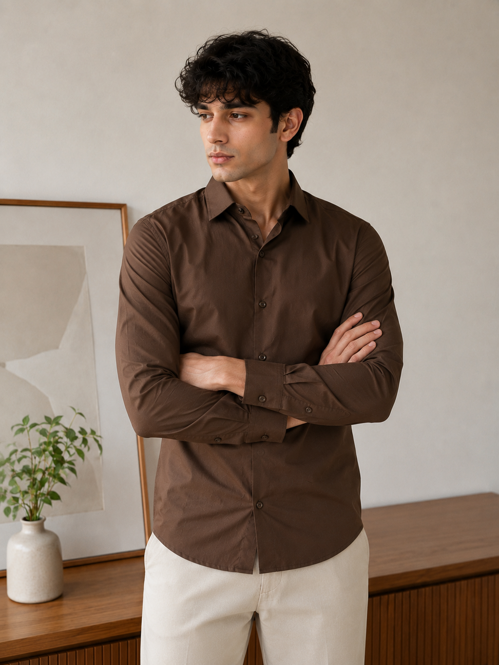 Rich Espresso Brown Cotton Shirt with Single Chest Pocket