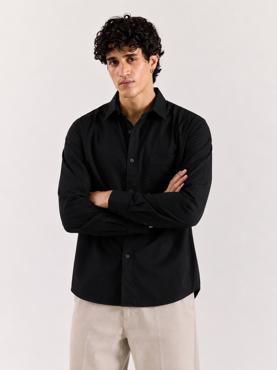 Minimalist Pitch Black Button-Down Shirt with Chest Pocket